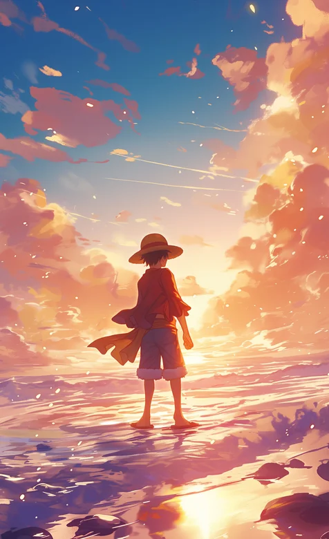 夕阳下，光着脚站在海浪沙滩上的路飞背影手机壁纸图片