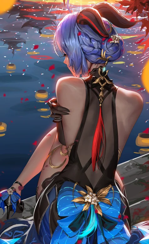 原神甘雨手机壁纸，坐在河边的甘雨性感迷人背影AI手机壁纸图片