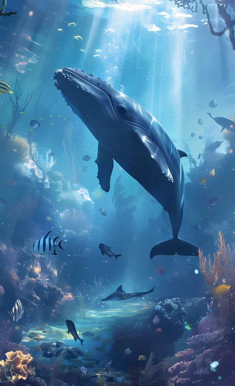 海底世界，光照下，庞大的鲸鱼唯美手机壁纸图片
