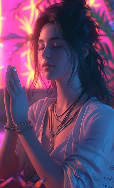双手合十，眼睛紧闭，虔诚祈祷 许愿AI美女手机壁纸图片