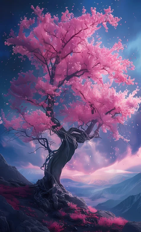 山坡上浪漫的樱花树唯美手机壁纸图片