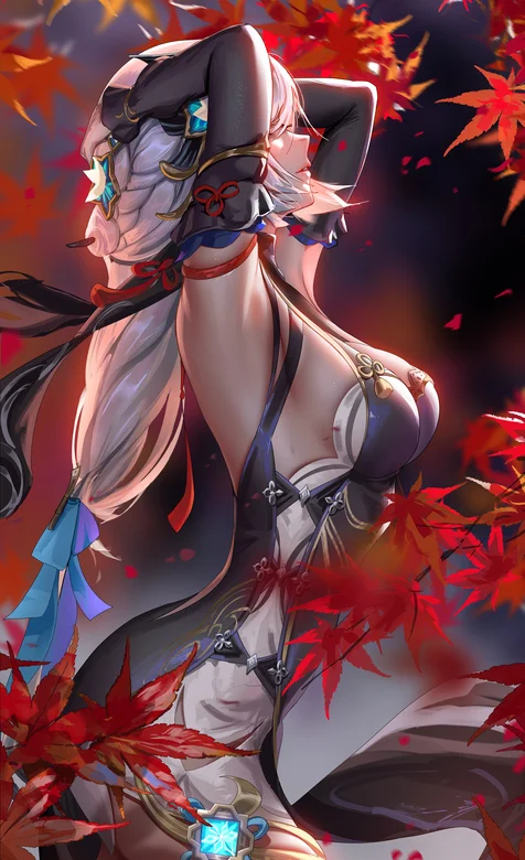 原神沈河手机壁纸，枫树前，双手抱头，身材超性感的沈河AI手机壁纸图片