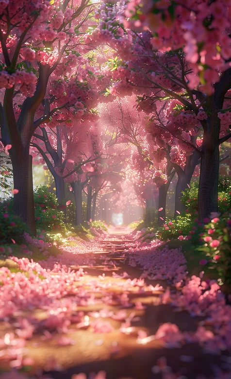 开满鲜花，樱花的树林，满是落花花瓣的小路唯美手机壁纸图片