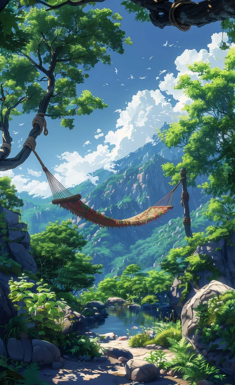 青山绿水，清新的林间大山里，挂着一张吊床的唯美山水景色动漫手机壁纸图片