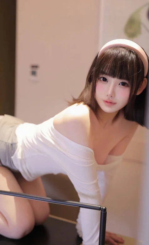 齐刘海短发美女，趴伏在一张凳子上的性感白衣漂亮美女手机壁纸图片