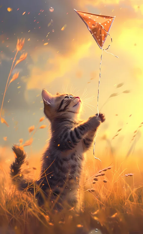 金色麦田，放风筝的可爱猫咪唯美AI美图手机壁纸图片