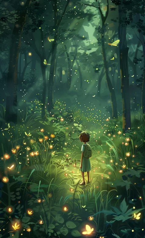 树林，萤火虫，小女孩，蝴蝶，唯美AI山林夜景美图手机壁纸图片