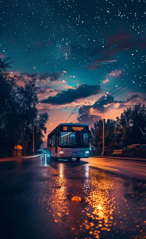 雨后的夜晚，湿漉漉的路面上停泊的公交车巴士汽车手机壁纸图片