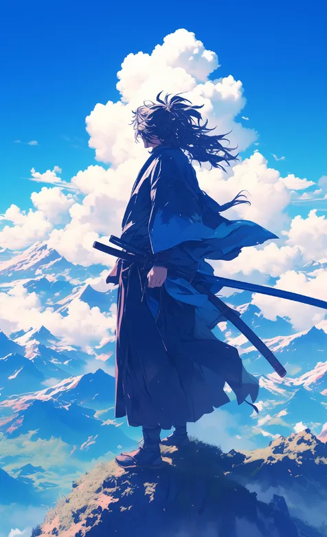 蓝天白云下，站在高岗上，腰挎双刀的武士动漫手机壁纸图片