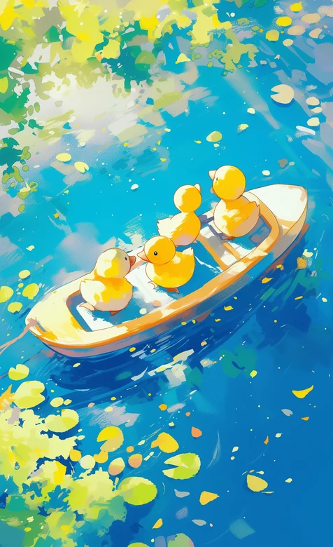 小河，小船，四只可爱的小黄鸭清新手机壁纸图片