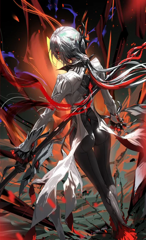 原神沈河壁纸，手拿武器，身着紧身衣裤的沈河超性感背影手机壁纸图片