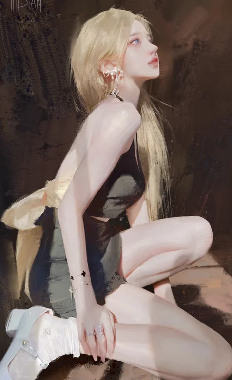 阳光下，单膝跪地的时尚金发美女手绘插画手机壁纸图片