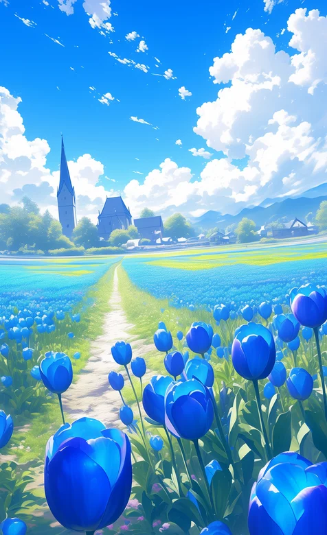 蓝色的天空，郁金香 清新的花园，小路，郁金香花海手机壁纸图片