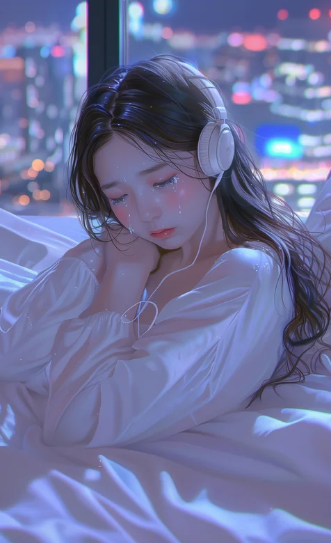 夜晚，城市，房间，窗前，穿着睡裙，戴着耳麦，流泪的AI美女手机壁纸图片