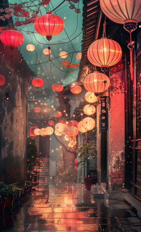 挂满红色灯笼的古街小巷唯美节日手机壁纸图片