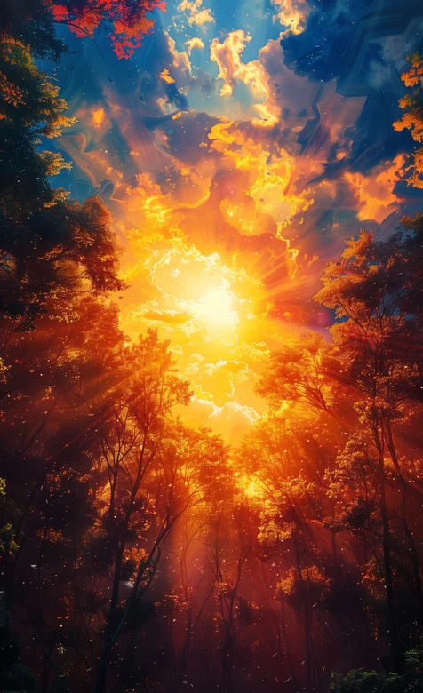 仰望视角，黄昏下的森林风景手机壁纸图片