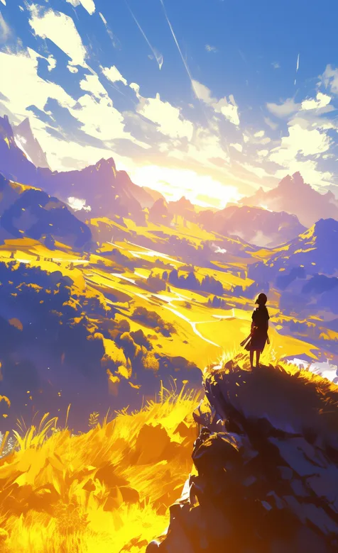 大山，站在悬崖边，看着远方的短发女生高清场景插画手机壁纸图片