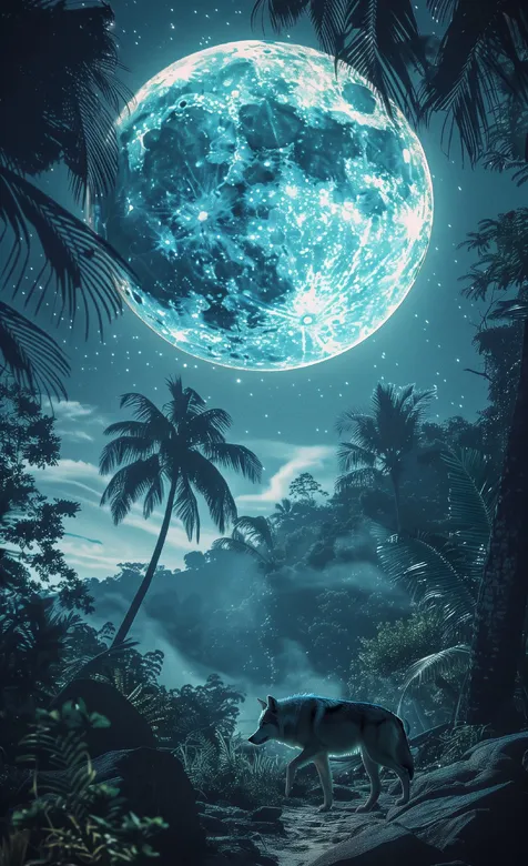 森林里的狼，夜晚，森林，巨大，明亮，近在眼前的月球AI美图手机壁纸