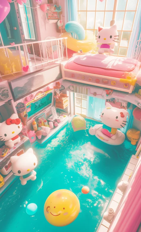 可爱女孩房间 helloKitty，凯蒂猫，泳池，窗户，床，可爱小女孩粉色卡通房间手机壁纸
