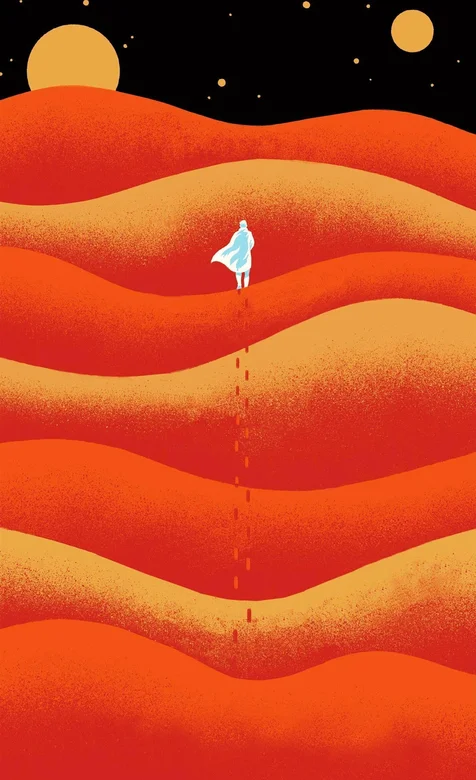 沙画，层峦沙漠，沙丘，人，月亮，创意沙漠沙画手机壁纸图片