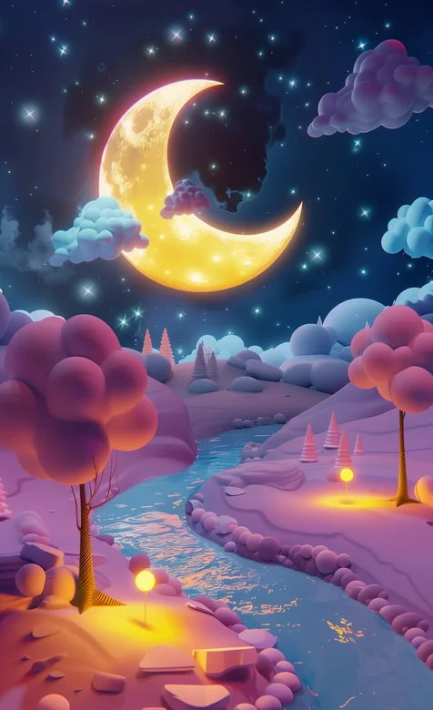 弯弯的月亮 漫天星，蜿蜒的小河，明亮的路灯 童话般的卡通场景美图手机壁纸图片