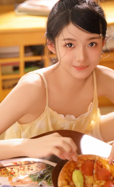 吃披萨的漂亮少女，大眼睛，笑容迷人，吊带裙，高颜值少女温馨私房写真手机壁纸