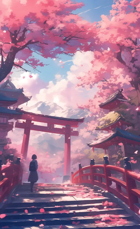 开满樱花的山间圣地，楼梯，阶梯，登山少女 樱花山动漫插画手机壁纸图片