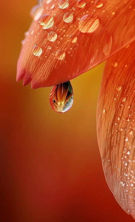 橙色花瓣上的晶莹水珠，露珠摄影手机壁纸图片