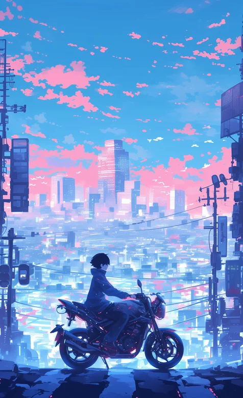 骑着摩托车行驶在城市马路上的动漫男孩手机壁纸图片