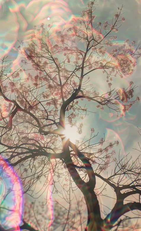 逆光下的大树，彩色光圈 户外摄影手机壁纸图片