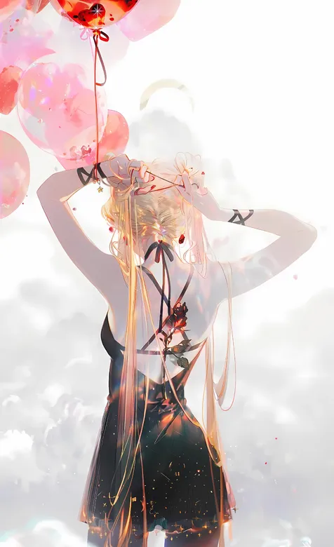 性感 吊带裙 美背美女 气球 金色长发绑发动漫美女背影手机壁纸图片