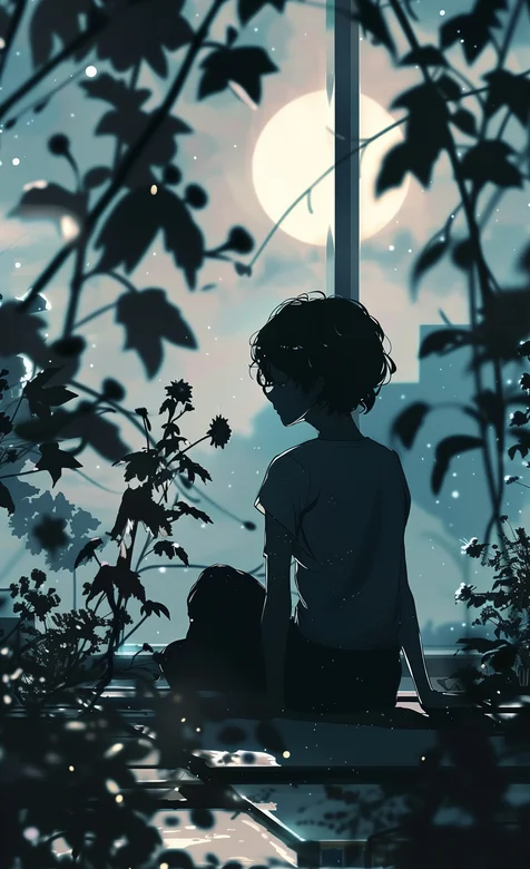 圆月下的伤感男孩手机壁纸图片