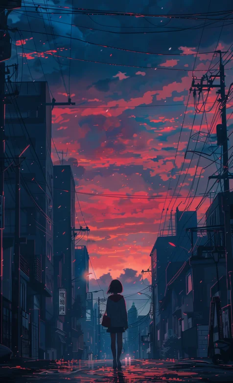 行走在红色黄昏街头的动漫少女一个人忧伤场景手机壁纸图片