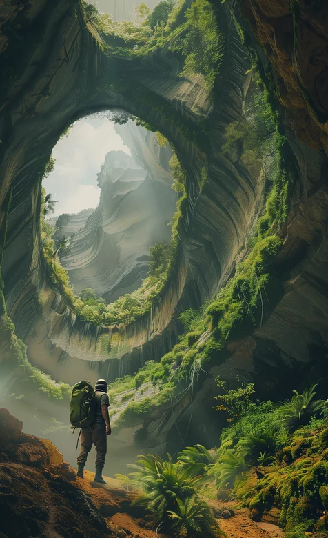 户外探险者，绿意盎然的地下深坑世界唯美手机壁纸图片