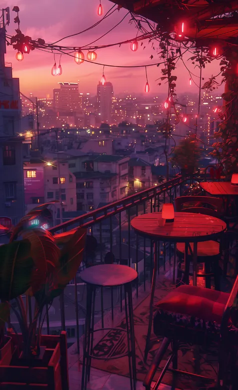 灯光灿烂的城市夜晚，居家阳台一角唯美景色手机壁纸图片