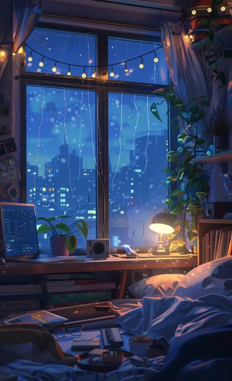 透过玻璃看着窗外大雪纷飞的夜，亮着小台灯的温馨房间唯美手机壁纸图片