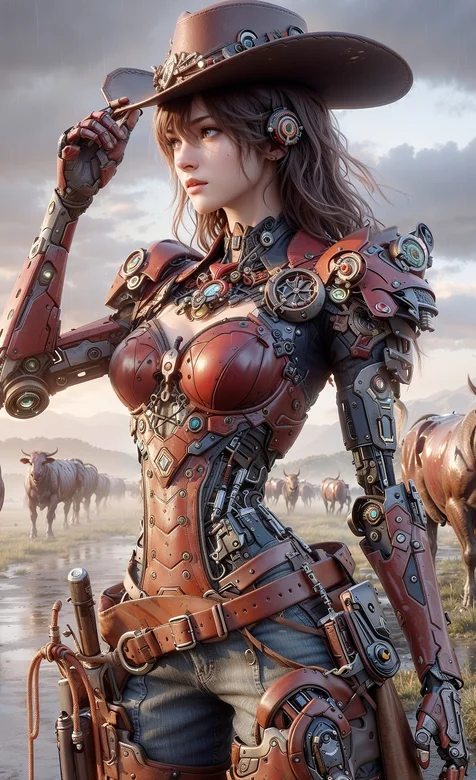 牛仔女郎，草原上，半人半机械的欧美牛仔美女高清手机壁纸图片