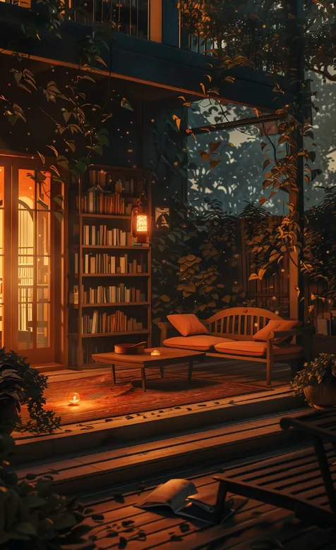 夜晚，挂着煤油灯的庭院，书屋唯美动漫场景手机壁纸图片