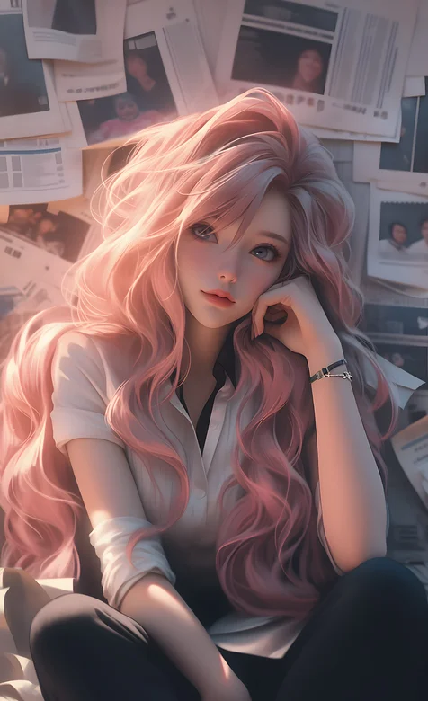 撑着脸颊，一头粉色大波浪卷发的AI美女手机壁纸图片