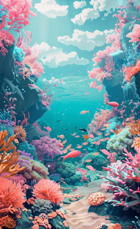 多彩的珊瑚，自由自在的鱼儿，美丽的蓝色海底世界手机壁纸图片