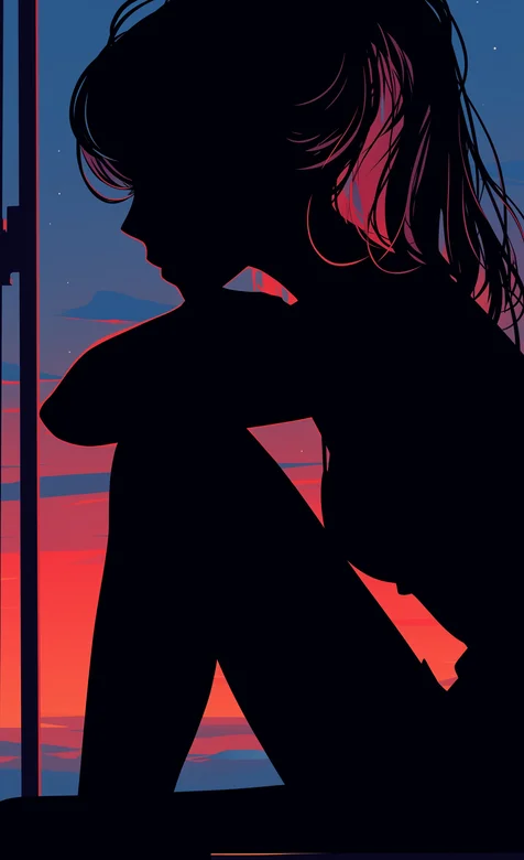 坐在窗前的马尾辫美少女侧脸黑影创意插画手机壁纸图片