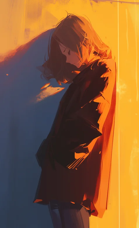 忧伤女生，阳光，影子 靠着墙体，双手插兜的短发女生插画手机壁纸图片