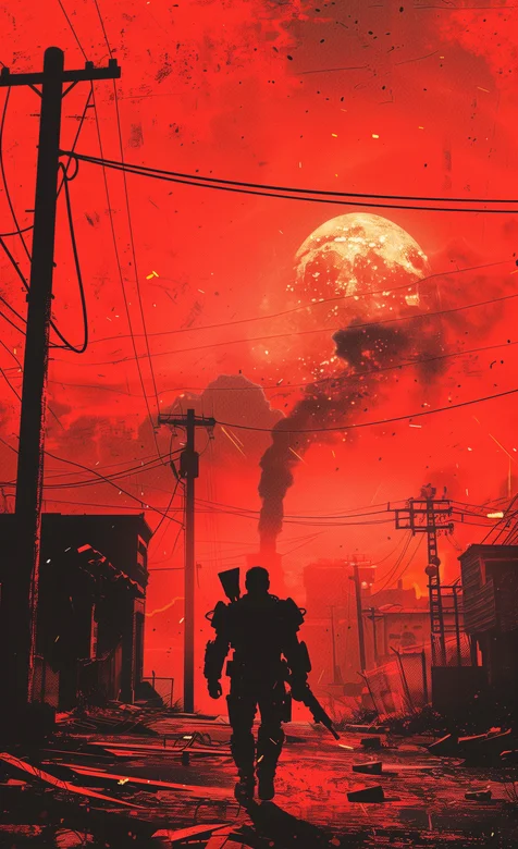 红日，夕阳，行走在硝烟城市战场中的战士背影科幻手机壁纸图片