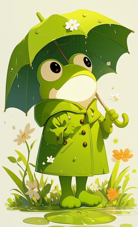 撑着雨伞，穿着大衣的绿色青蛙拟人化卡通手机壁纸图片