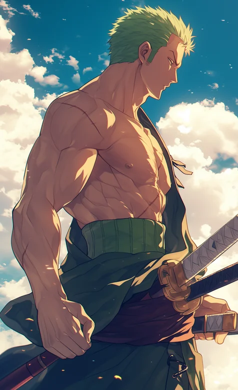 索隆（Zoro）壁纸，腰挎武士刀，身材健壮的索隆AI美图手机壁纸