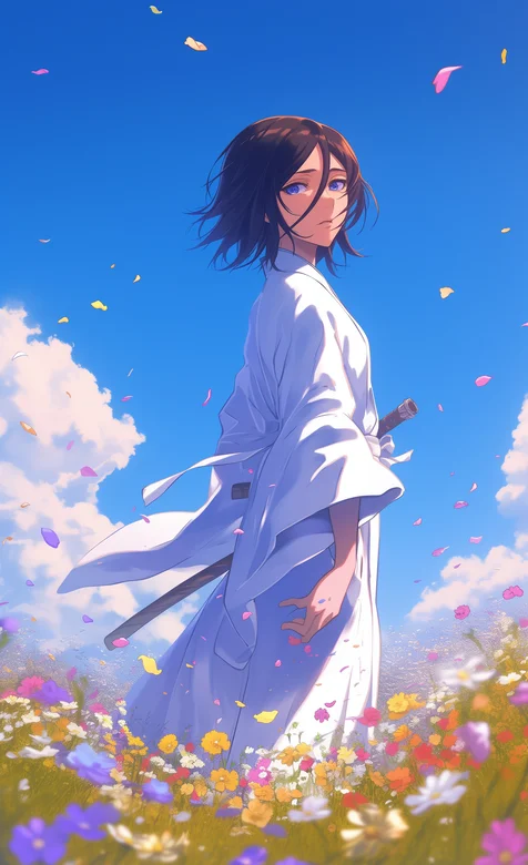 站在草原上的朽木露琪亚，日本漫画《死神》女主角露琪亚手机壁纸图片