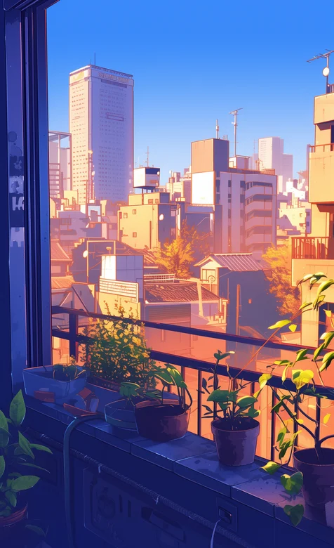 城市，阳台上种植的花花草草，盆栽，唯美温馨居家场景手机壁纸图片