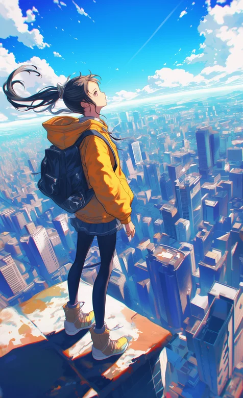 站着高楼大厦屋顶上的马尾辫少女，女生，仰望蓝天 女孩和城市动漫场景手机壁纸