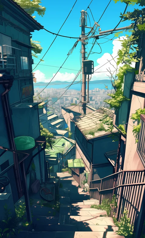 楼梯，阶梯，房子，电线杆，老式建筑，村落 唯美动漫场景手机壁纸图片