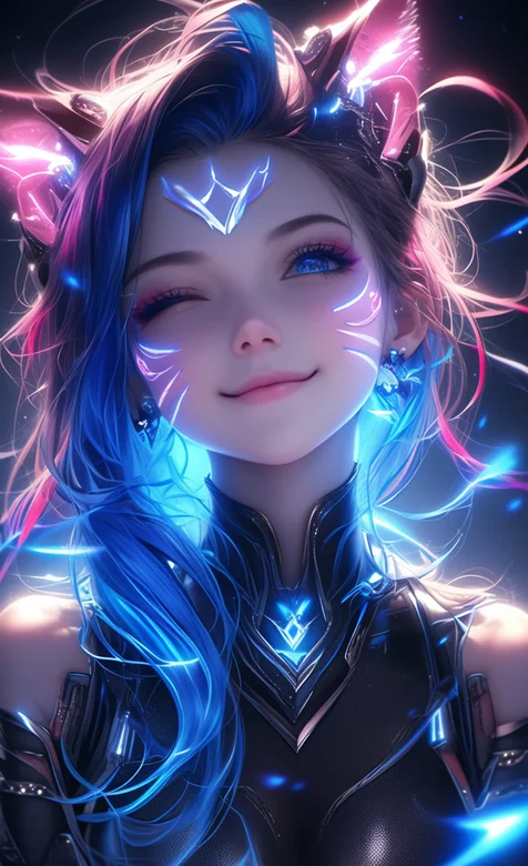 灯光下，绽放光芒的猫耳朵动漫AI少女可爱眨眼手机壁纸图片